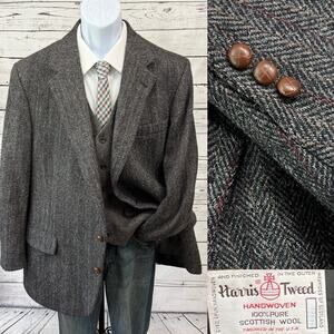 Harris Tweed 2 Button Sport Coat Mens 48R Jacket Blazer Herringbone Black